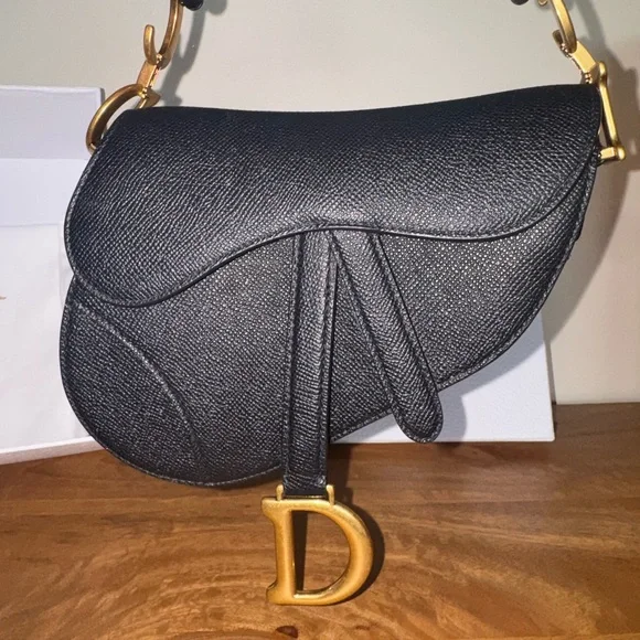 Like New 💕 DIOR Mini Saddle Bag Black Grained Calfskin Leather Gold Shoulder Bag - Picture 11 of 16